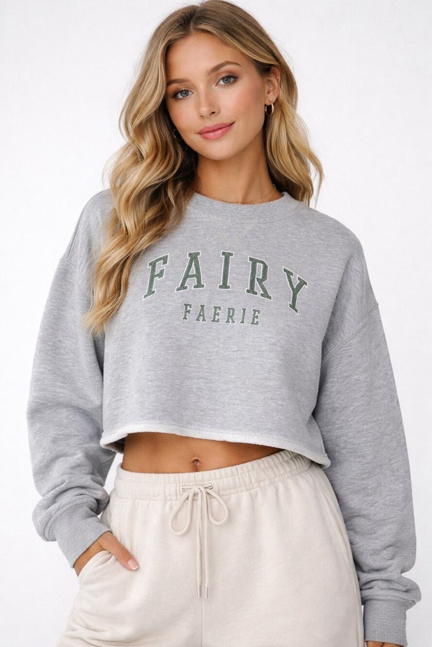 Cropped Raw Edge Sweatshirt FAIRY FAERIE Varsity Heather Gray Medium Y2K Soft